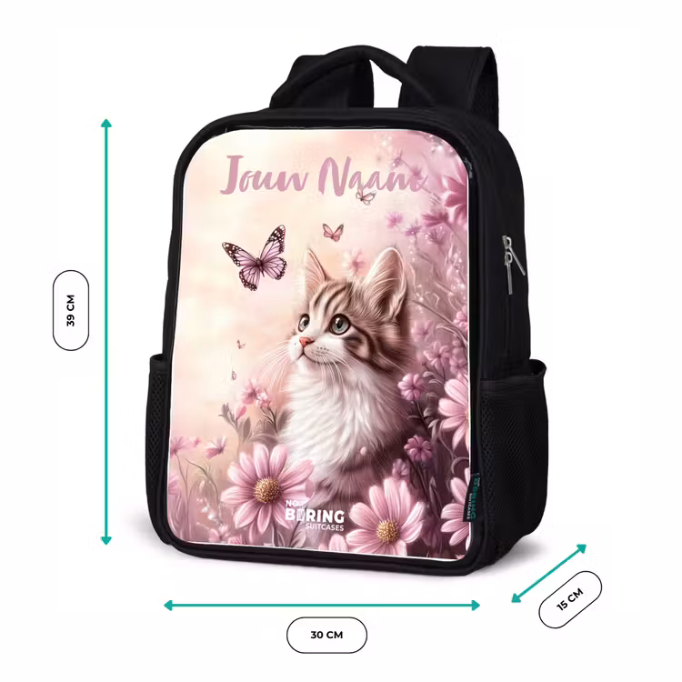 Kinderrugzak met naam - Zwart - Kitten - Vlinders - Paars - Bloemen β 5