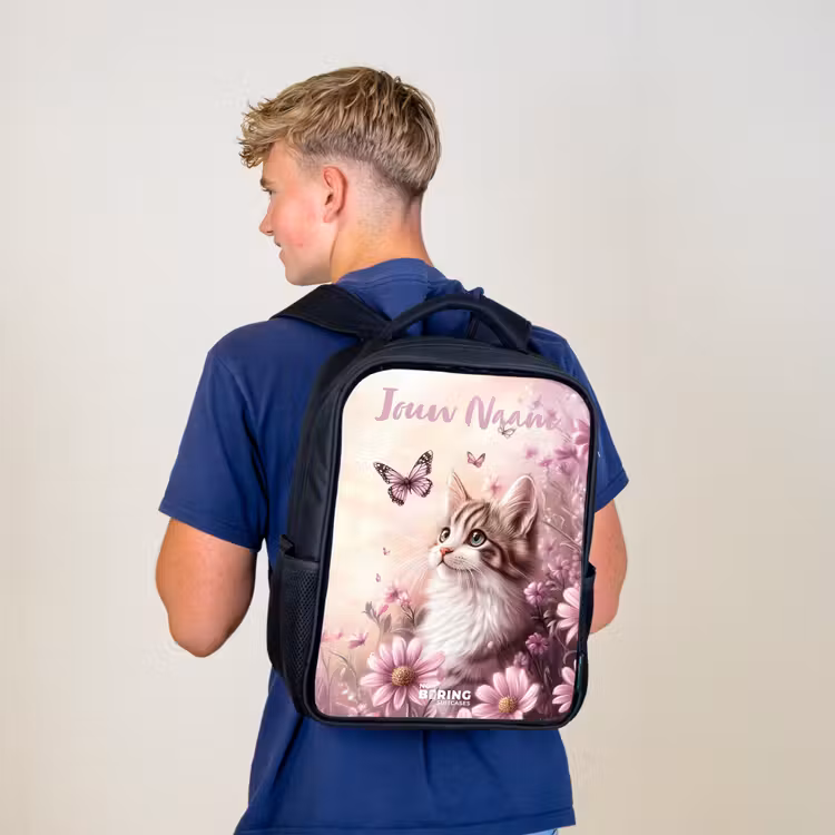 Kinderrugzak met naam - Zwart - Kitten - Vlinders - Paars - Bloemen β 6