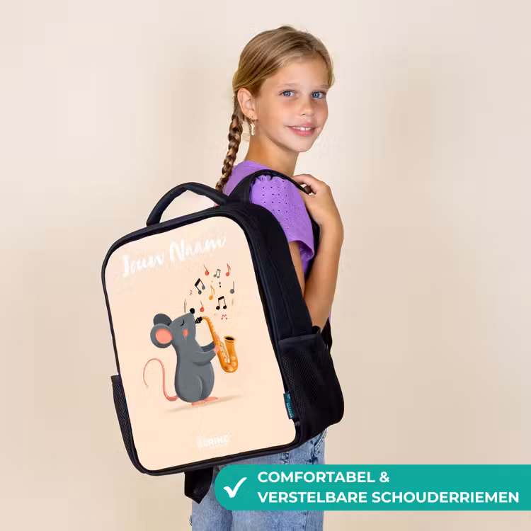 Kinderrugzak met naam - Zwart - Muis - Saxofoon - Muziek — 3