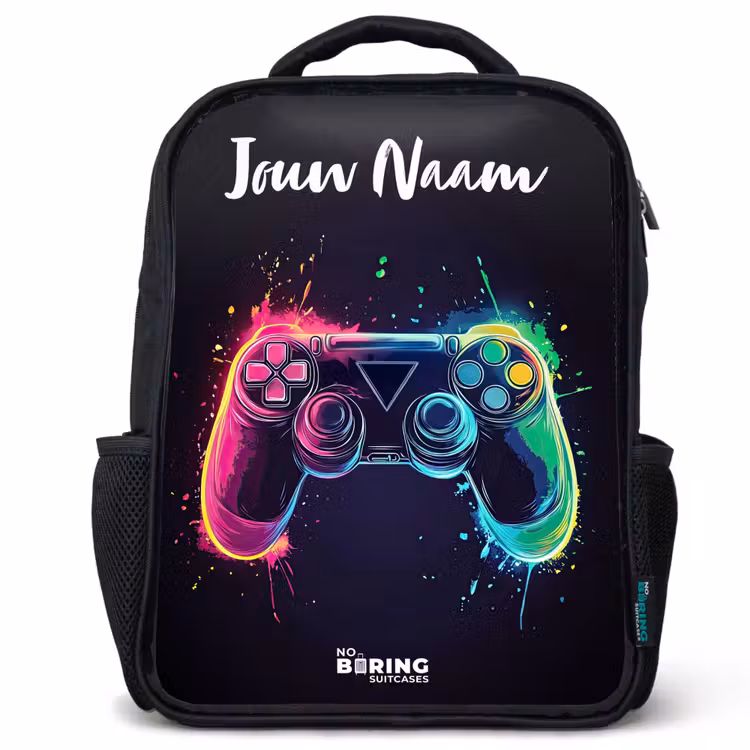 Kinderrugzak met naam - Zwart - Neon - Controller - Verfspatten - Game — 1