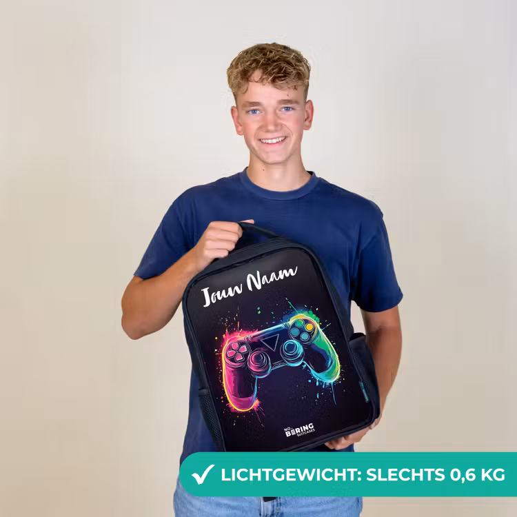 Kinderrugzak met naam - Zwart - Neon - Controller - Verfspatten - Game — 2