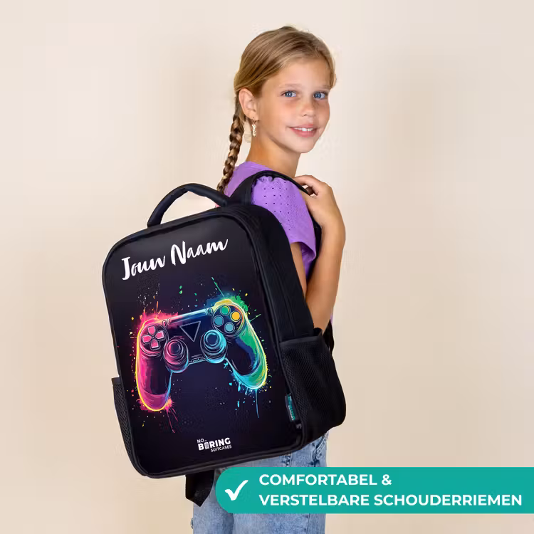 Kinderrugzak met naam - Zwart - Neon - Controller - Verfspatten - Game — 3