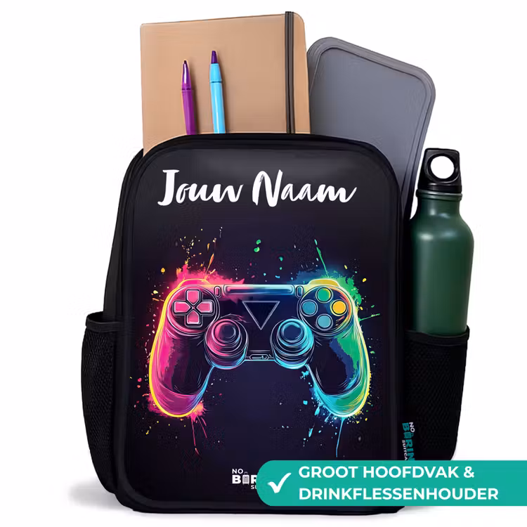 Kinderrugzak met naam - Zwart - Neon - Controller - Verfspatten - Game — 4