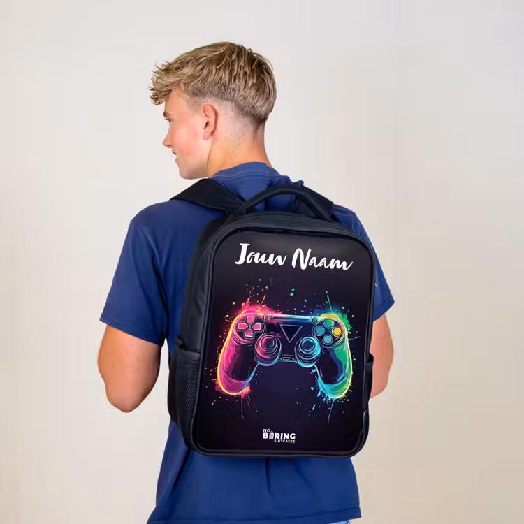 Kinderrugzak met naam - Zwart - Neon - Controller - Verfspatten - Game — 6