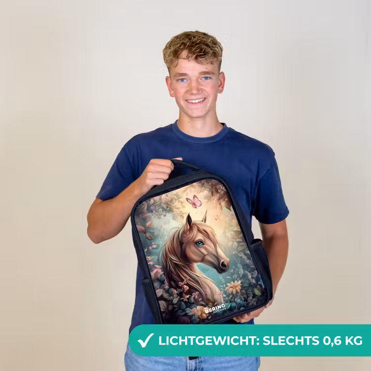 Kinderrugzak - Zwart - Paard met vlinders in bloementuin β 2