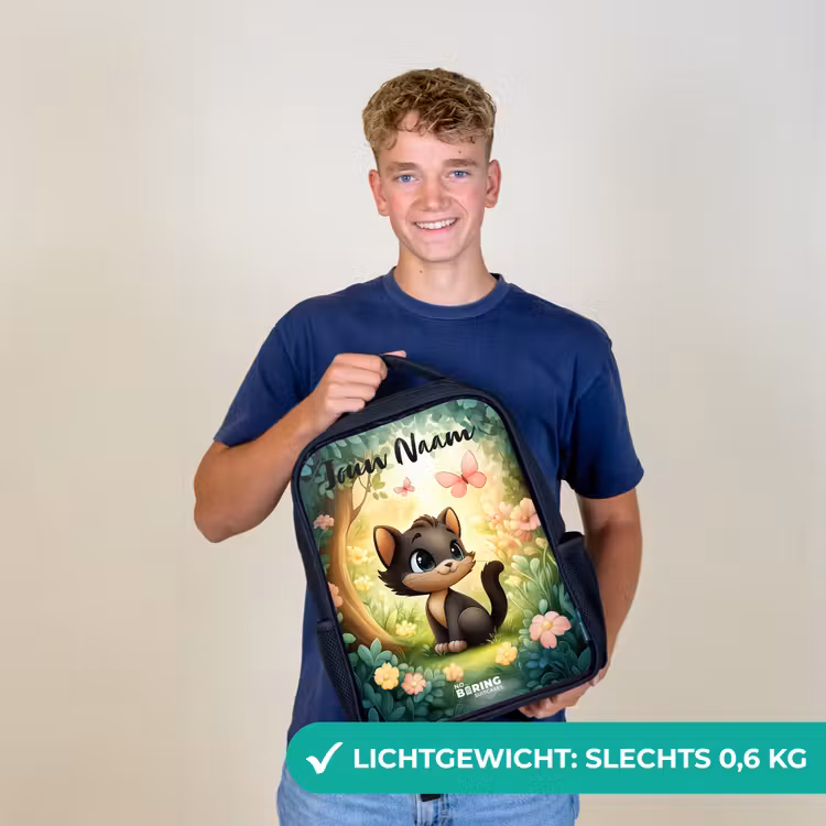 Kinderrugzak met naam - Zwart - Kat - Vlinder - Bloemen — 2