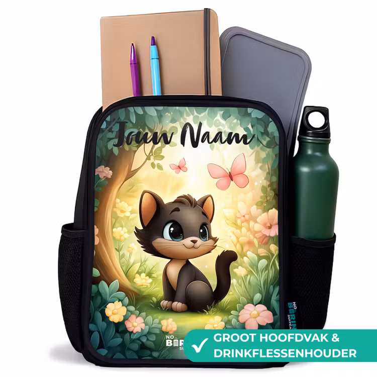 Kinderrugzak met naam - Zwart - Kat - Vlinder - Bloemen — 4