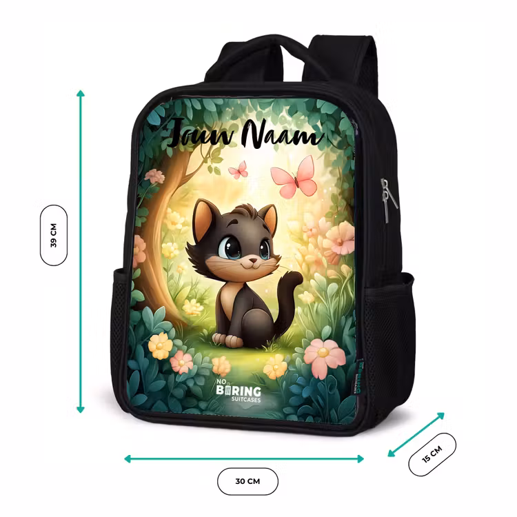 Kinderrugzak met naam - Zwart - Kat - Vlinder - Bloemen — 5