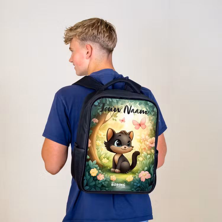 Kinderrugzak met naam - Zwart - Kat - Vlinder - Bloemen — 6