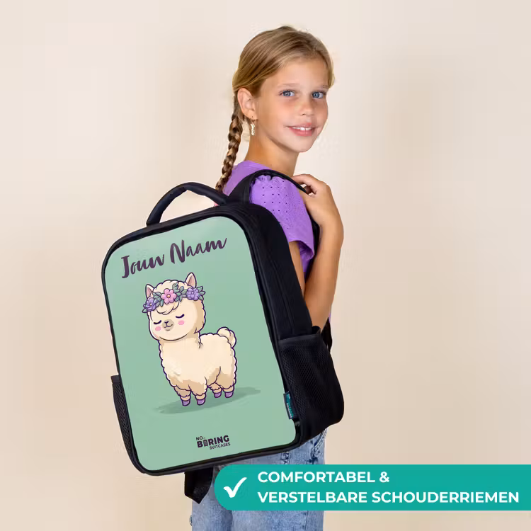 Kinderrugzak met naam - Zwart - Kawai - Alpaca - Groen β 3