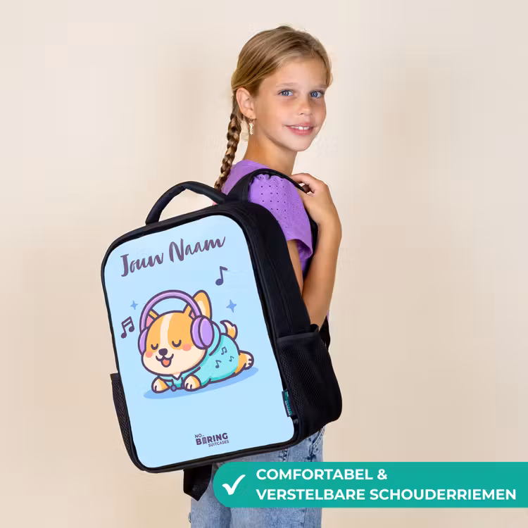 Kinderrugzak met naam - Zwart - Kawai - Hond - Muziek — 3