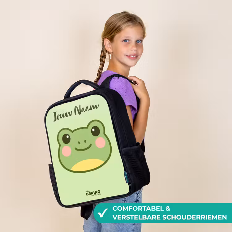 Kinderrugzak met naam - Zwart - Kawai - Kikker - Groen — 3