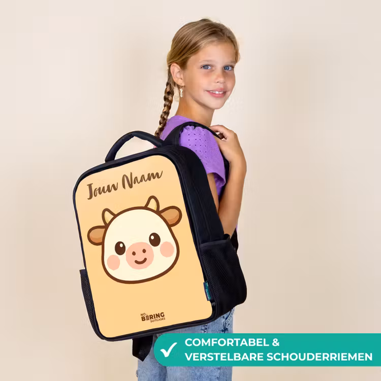 Kinderrugzak met naam - Zwart - Kawai - Koe - Bruin — 3
