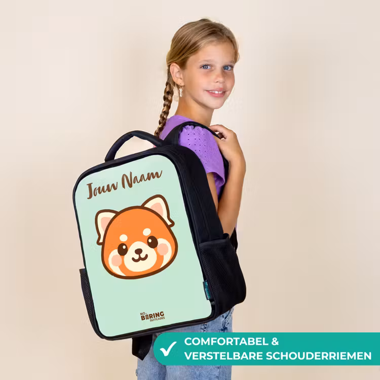 Kinderrugzak met naam - Zwart - Kawai - Rode panda - Groen — 3