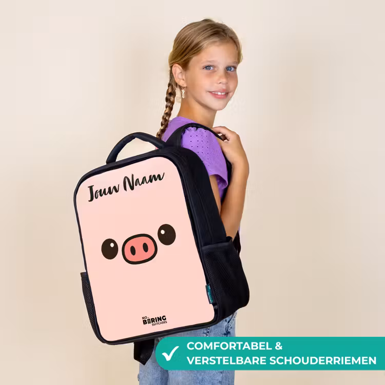 Kinderrugzak met naam - Zwart - Kawai - Varken - Roze — 3