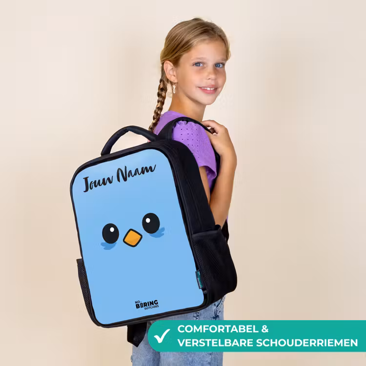 Kinderrugzak met naam - Zwart - Kawai - Vogel - Blauw — 3
