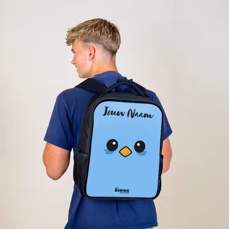 Kinderrugzak met naam - Zwart - Kawai - Vogel - Blauw — 6