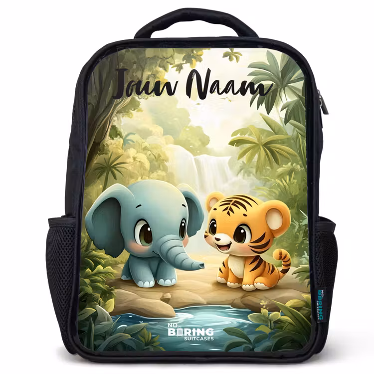 Kinderrugzak met naam - Zwart - Olifant - Tijger - Bos - Jungle — 1