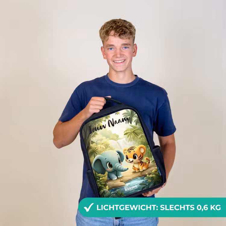 Kinderrugzak met naam - Zwart - Olifant - Tijger - Bos - Jungle — 2