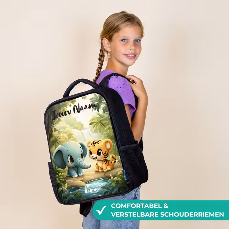 Kinderrugzak met naam - Zwart - Olifant - Tijger - Bos - Jungle — 3