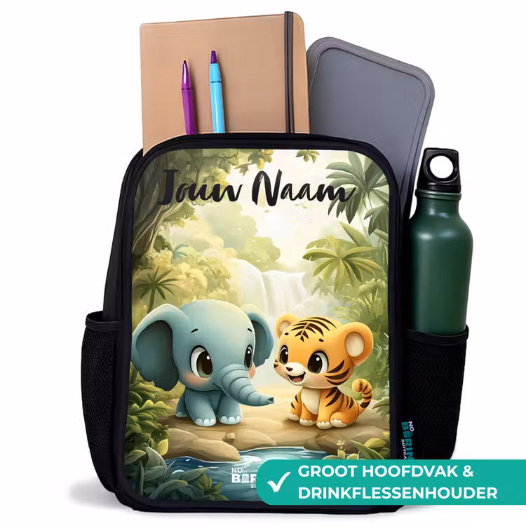 Kinderrugzak met naam - Zwart - Olifant - Tijger - Bos - Jungle — 4