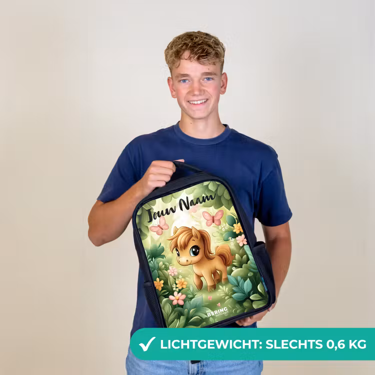 Kinderrugzak met naam - Zwart - Paard - Bloemen - Vlinders — 2