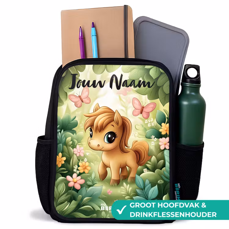 Kinderrugzak met naam - Zwart - Paard - Bloemen - Vlinders — 4