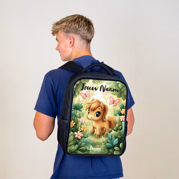 Kinderrugzak met naam - Zwart - Paard - Bloemen - Vlinders — 6