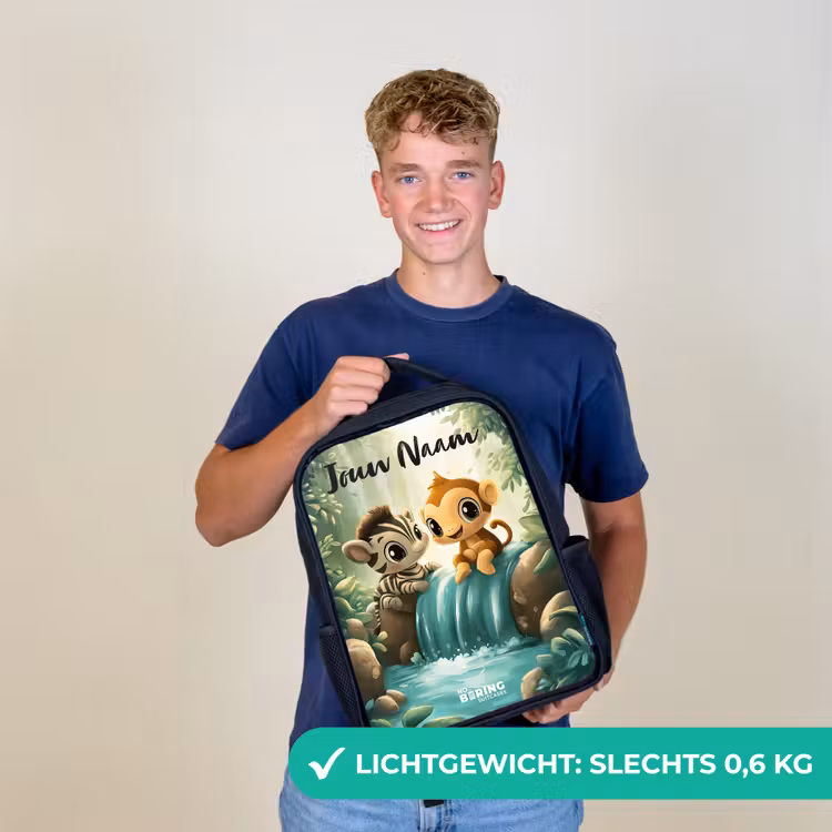 Kinderrugzak met naam - Zwart - Zebra - Aapje - Waterval - Rotsen β 2