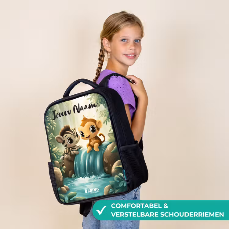 Kinderrugzak met naam - Zwart - Zebra - Aapje - Waterval - Rotsen β 3
