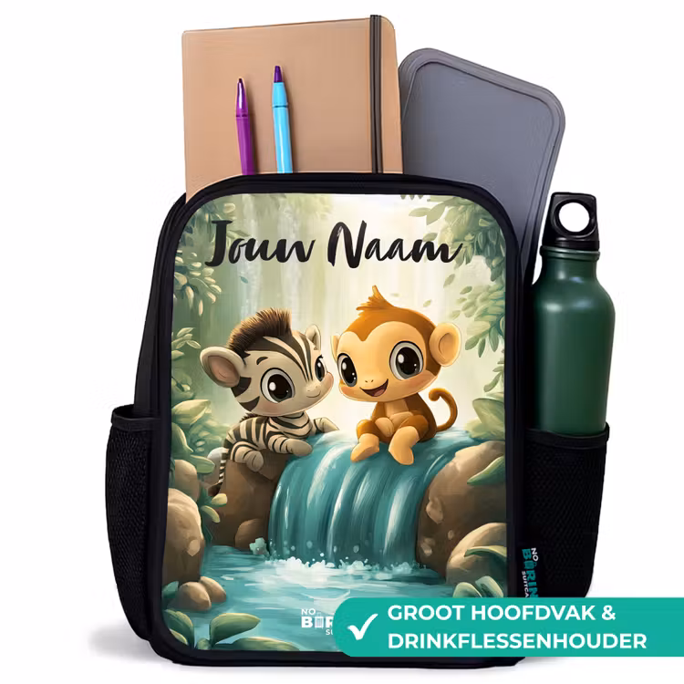 Kinderrugzak met naam - Zwart - Zebra - Aapje - Waterval - Rotsen β 4