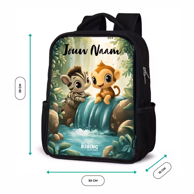 Kinderrugzak met naam - Zwart - Zebra - Aapje - Waterval - Rotsen β 5