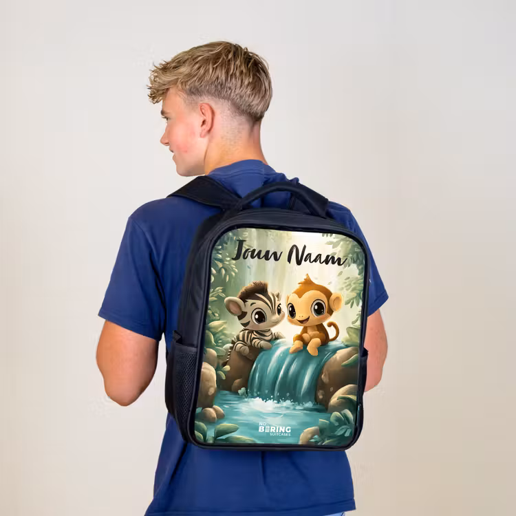 Kinderrugzak met naam - Zwart - Zebra - Aapje - Waterval - Rotsen β 6