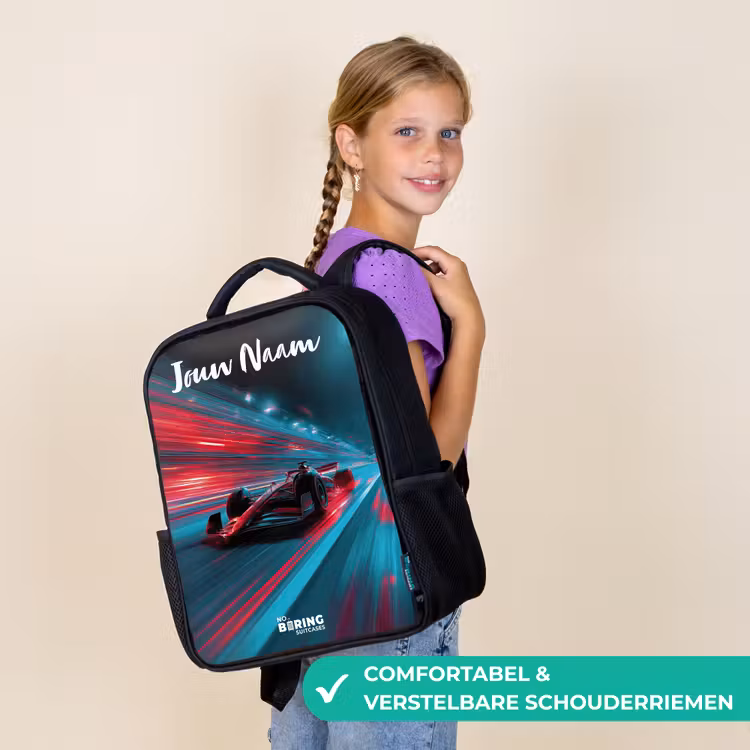 Kinderrugzak met naam - Zwart - Formule 1 - Raceauto - Rood - Neonverlichting β 3