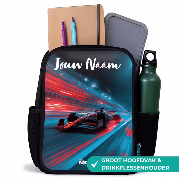 Kinderrugzak met naam - Zwart - Formule 1 - Raceauto - Rood - Neonverlichting β 4