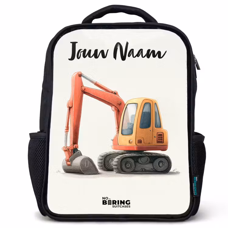 Kinderrugzak met naam - Zwart - Graafmachine - Getekend - Oranje — 1