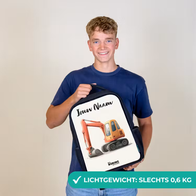 Kinderrugzak met naam - Zwart - Graafmachine - Getekend - Oranje — 2