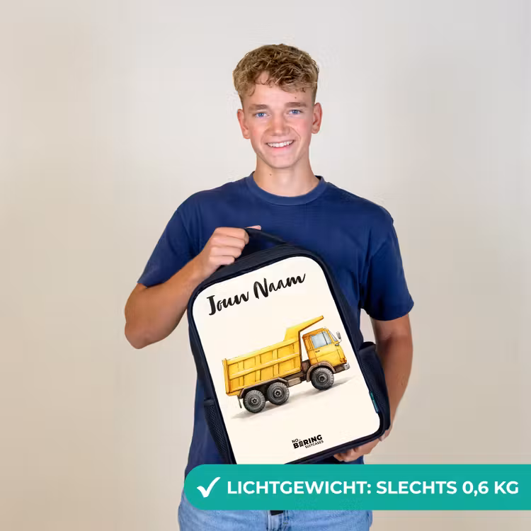 Kinderrugzak met naam - Zwart - Kiepwagen - Getekend - Geel — 2