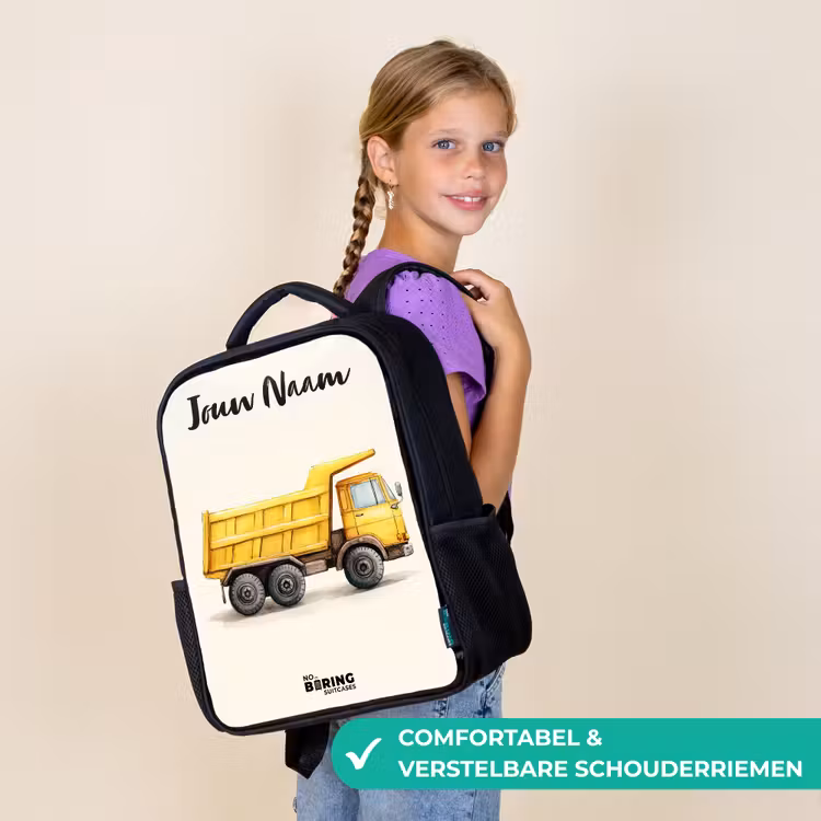 Kinderrugzak met naam - Zwart - Kiepwagen - Getekend - Geel — 3