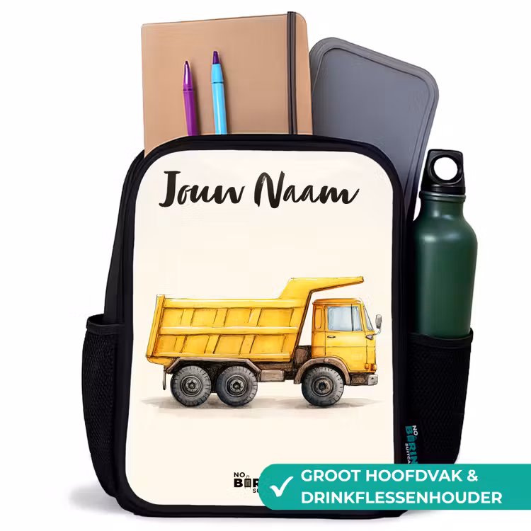 Kinderrugzak met naam - Zwart - Kiepwagen - Getekend - Geel — 4