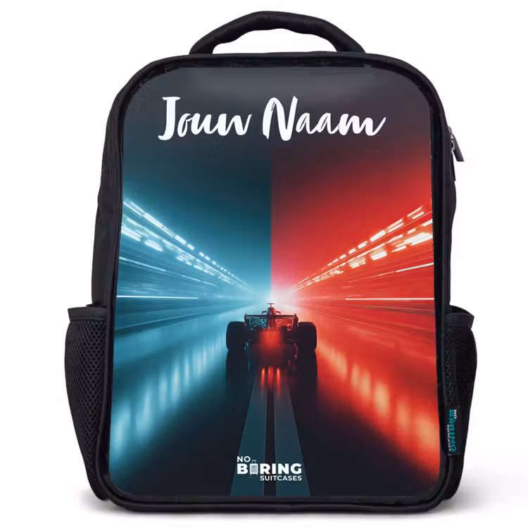 Kinderrugzak met naam - Zwart - Raceauto - Verlichting - Neon - Rood — 1