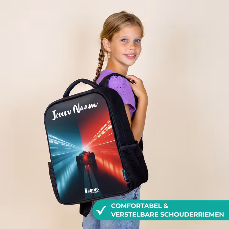 Kinderrugzak met naam - Zwart - Raceauto - Verlichting - Neon - Rood — 3
