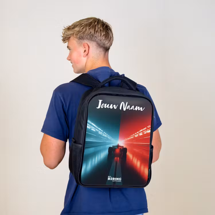 Kinderrugzak met naam - Zwart - Raceauto - Verlichting - Neon - Rood — 6