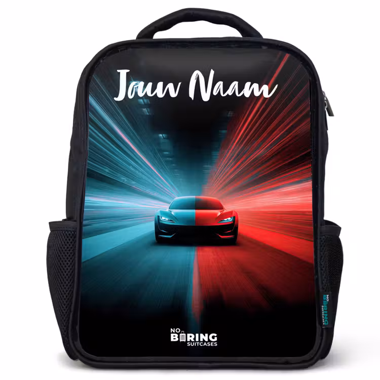 Kinderrugzak met naam - Zwart - Sportauto - Blauw - Neon - Stad β 1