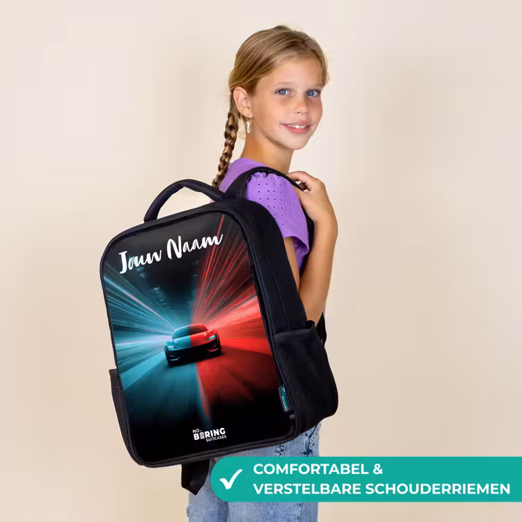 Kinderrugzak met naam - Zwart - Sportauto - Blauw - Neon - Stad β 3