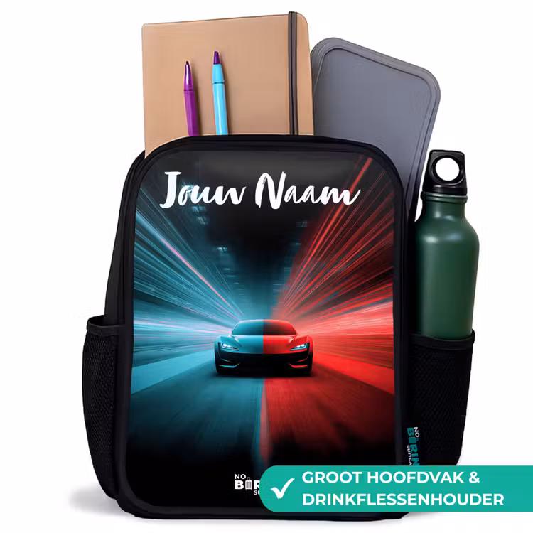 Kinderrugzak met naam - Zwart - Sportauto - Blauw - Neon - Stad β 4