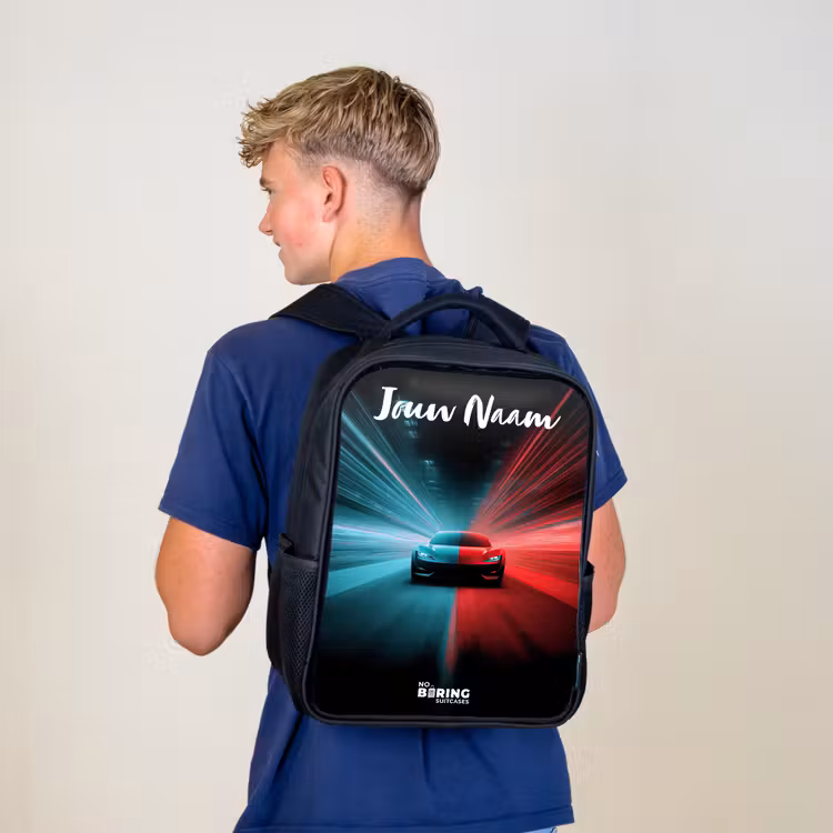 Kinderrugzak met naam - Zwart - Sportauto - Blauw - Neon - Stad β 6