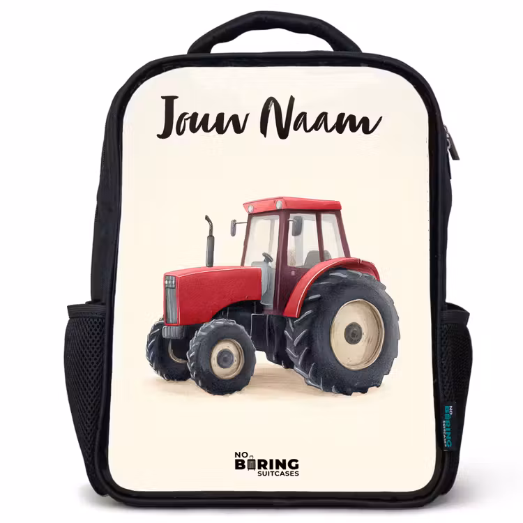 Kinderrugzak met naam - Zwart - Tractor - Getekend - Rood — 1