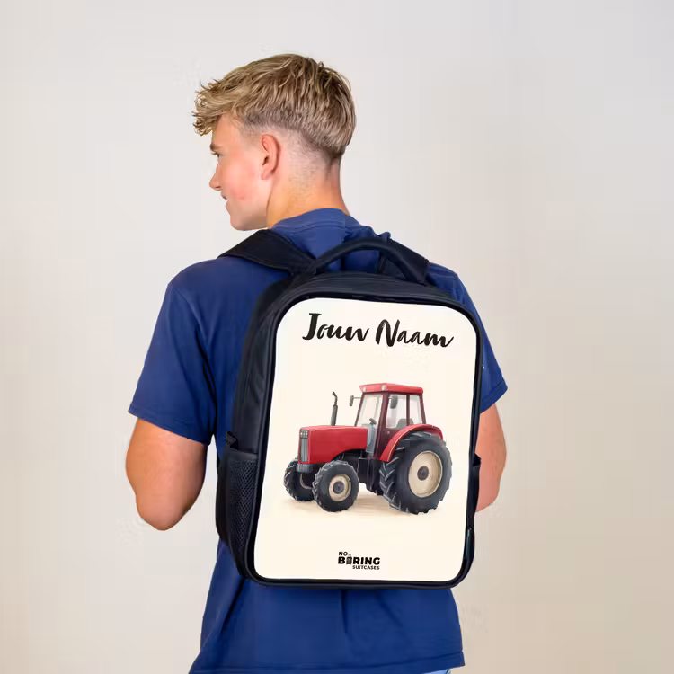 Kinderrugzak met naam - Zwart - Tractor - Getekend - Rood — 6