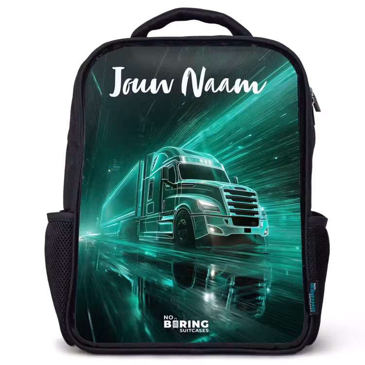 Kinderrugzak met naam - Zwart - Vrachtwagen - Stad - Groen - Neon β 1